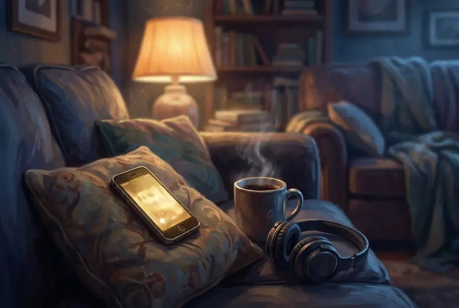 A phone glowing on a couch cushion at night beside a mug of hot chocolate and a pair of headphones.