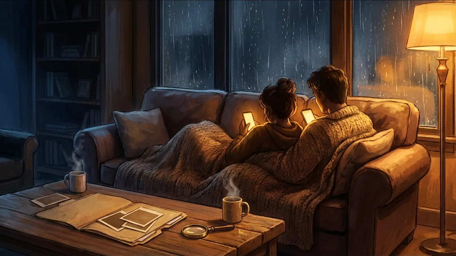 Two people on a couch on a rainy night, their phones glowing, a case file and a magnifying glass on the coffee table.