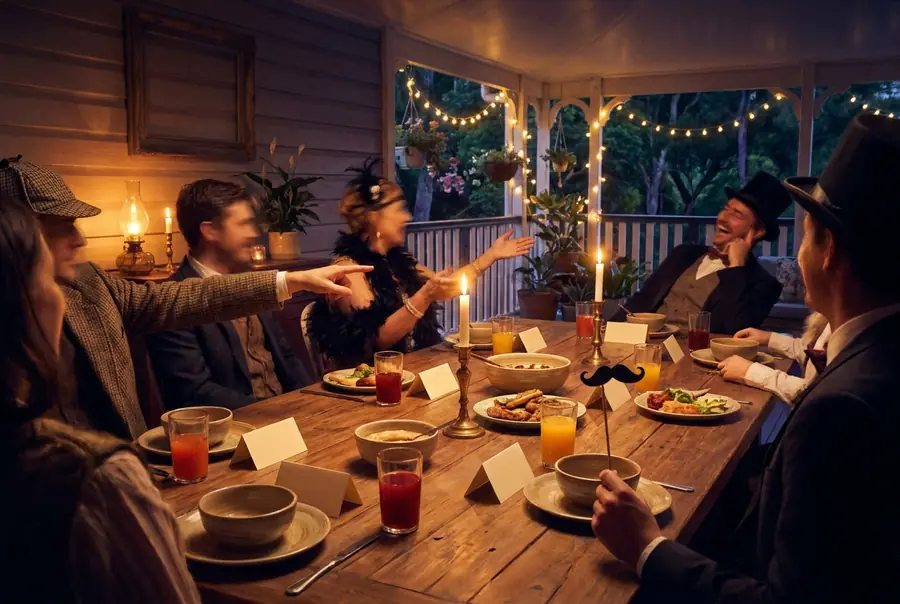 A candlelit dinner party on a Queenslander verandah, guests in playful costume pieces pointing at each other in mock accusation.