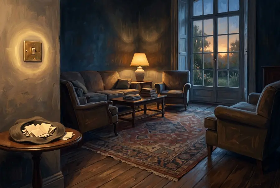 A quiet lounge room at dusk, ready for a party game, with a dish of folded paper slips on a side table and a glowing light switch.