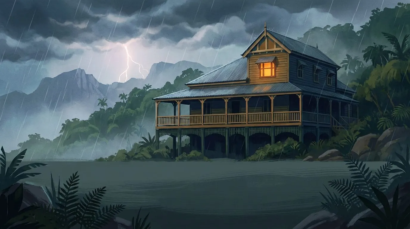 A timber guesthouse on stilts in the rainforest hills, one window lit, as lightning splits a storm over the mountains.