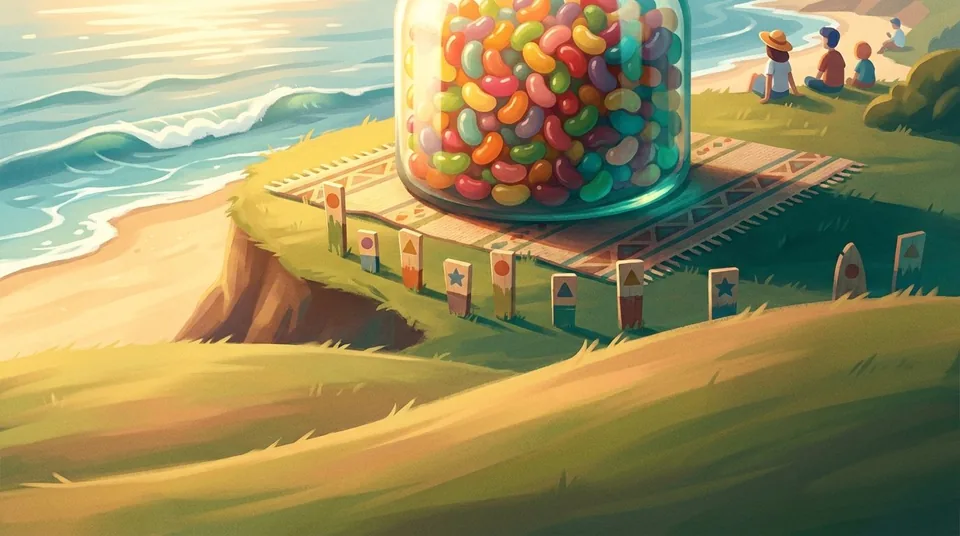 A huge jar of jelly beans on a picnic rug on a grassy clifftop above a beach, with a row of small guess markers in front and a family sitting nearby.