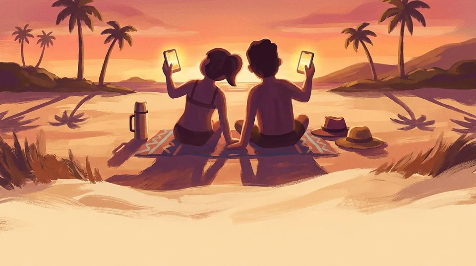 Two people sitting on a beach blanket at sunset, each holding up a glowing phone, with palm trees around the bay.