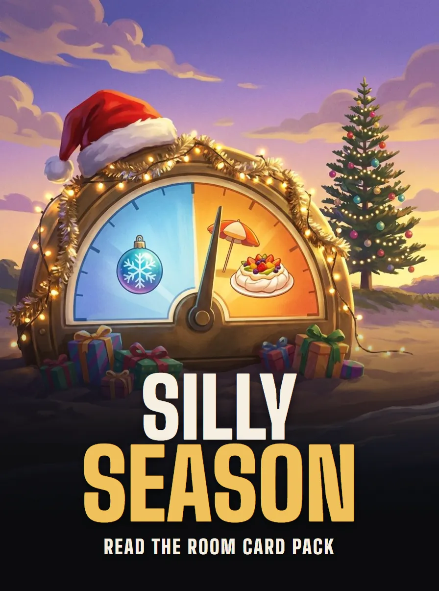 Poster for Silly Season, a Read the Room card pack: the brass dial on a beach at dusk in fairy lights and a Santa hat, between a snowflake bauble and a pavlova.